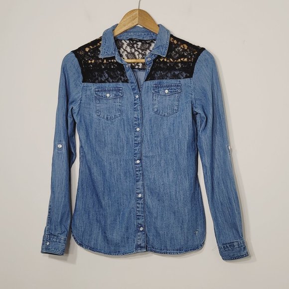 Guess | Denim Chambray Long Sleeve Pearl Snap Shirt Top Black Lace Yoke 14 - Picture 1 of 10